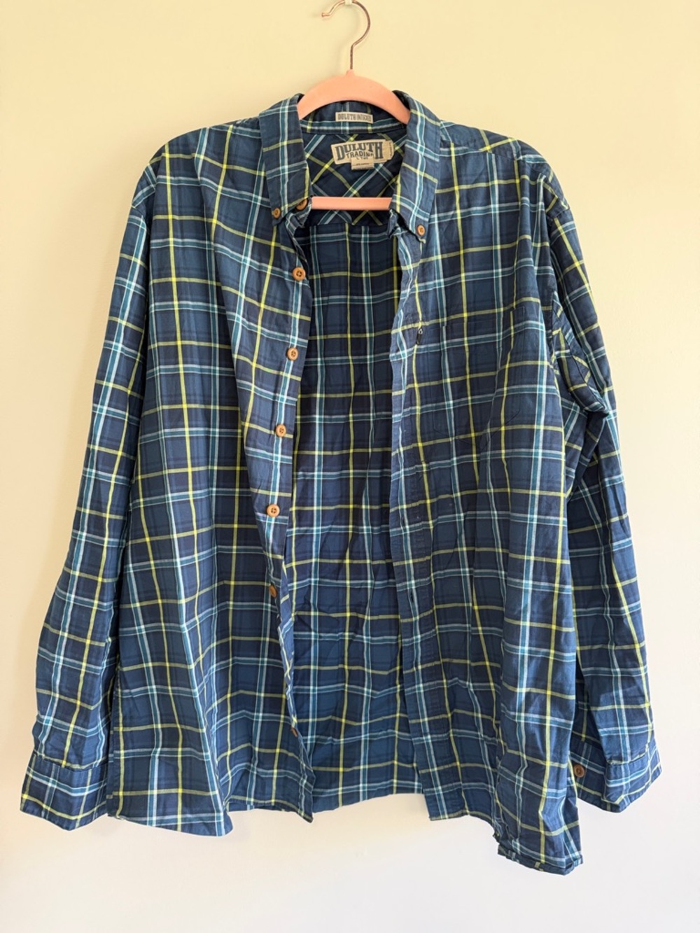 Duluth Trading Co Navy Plaid Button-Down Shirt with Lime Accents